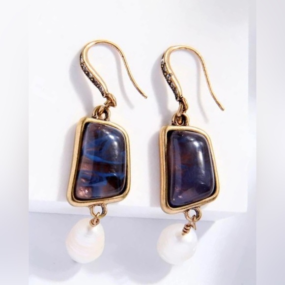Dichroic Glass Amber Blue Swirl Art Deco Gold Marcasite Freshwater Pearl Dangles - Picture 2 of 4